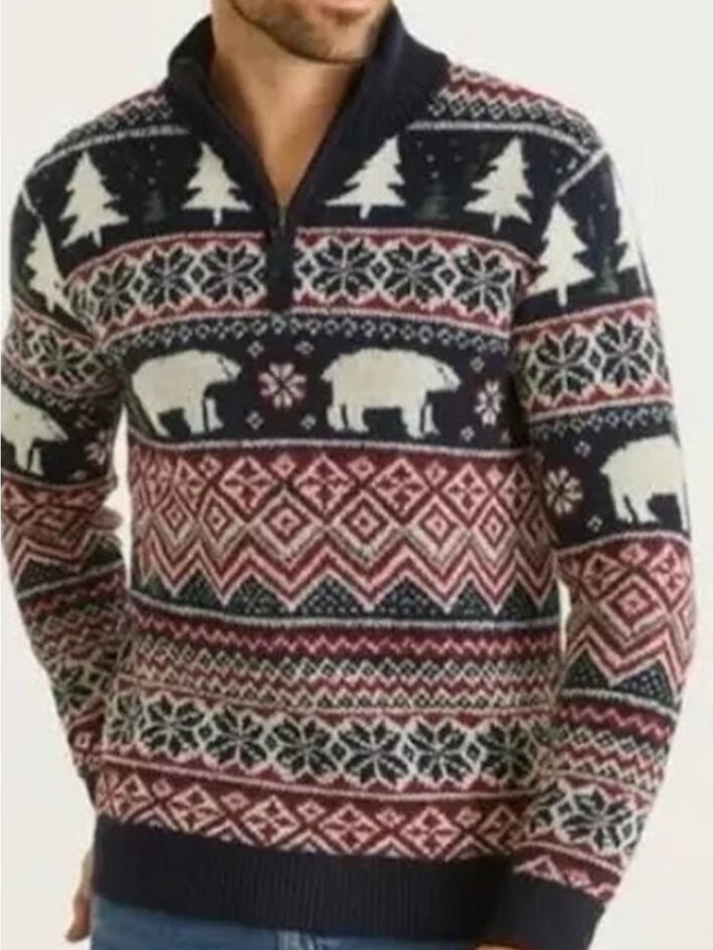 Aspen Navy Fair Isle Zip-Neck Cotton Sweater with polar Bear L
